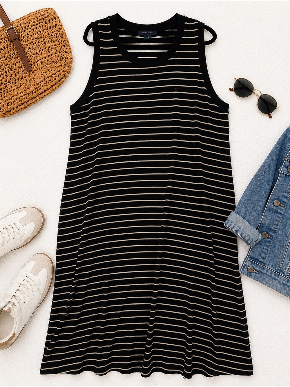 Tommy Hilfiger 2X Black Cream Striped Sleeveless Midi Dress